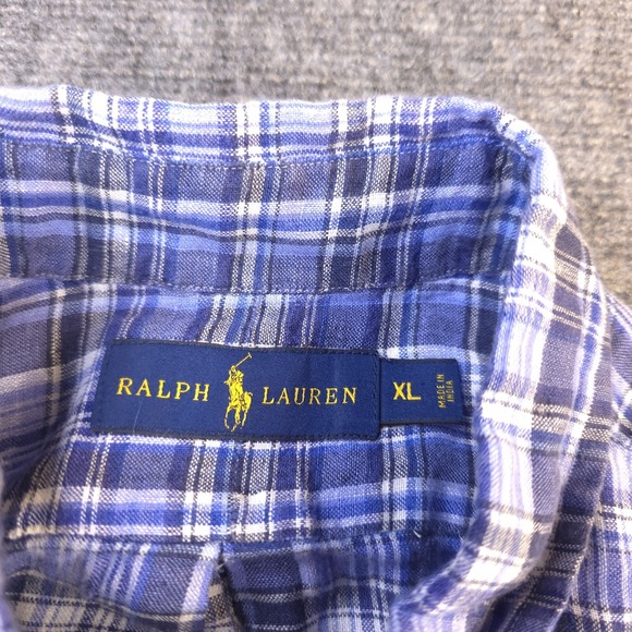 Ralph Lauren Shirt XL Blue Plaid 100% Linen Short Sleeve Button Down Pony - Picture 3 of 8
